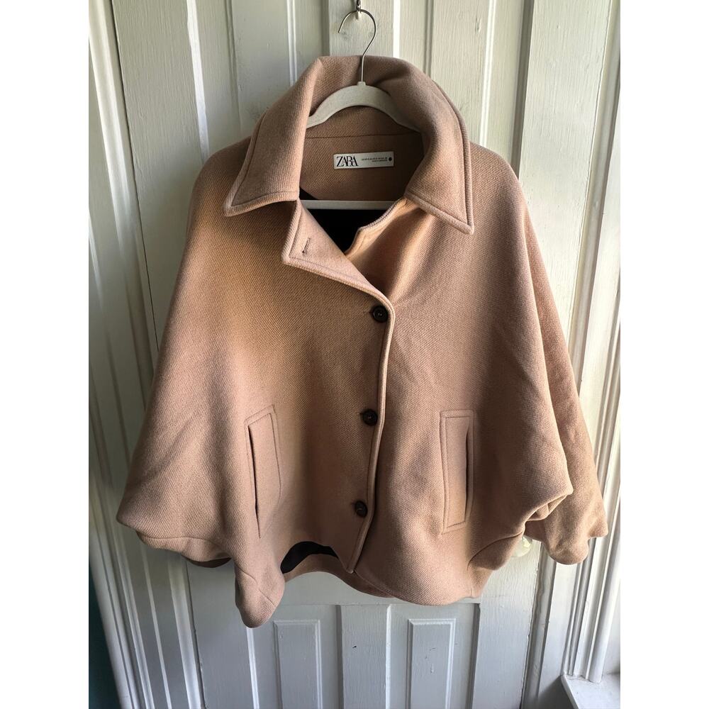 Zara Wool Blend Cape Coat Camel XS/S Oversized Cocoon Jacket 75% Wool - Picture 2 of 8